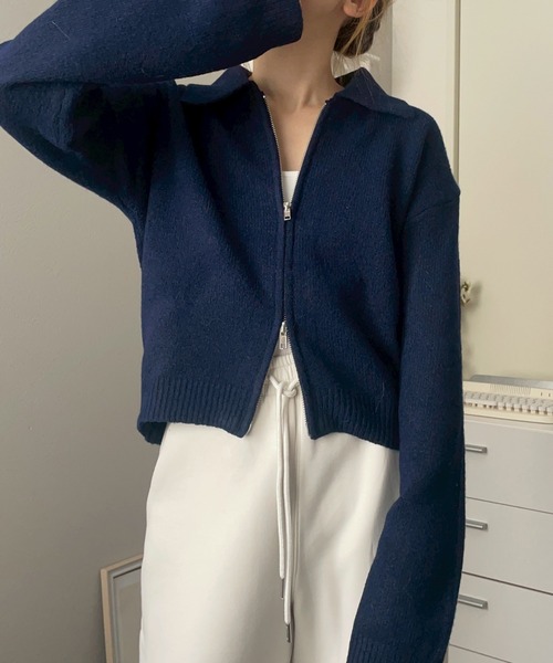 merrylatte(メリーラテ)の「Wジップ ポロニット カーディガン【NOUA】(カーディガン/ボレロ・レディース・ネイビー/グレー/ブルー/アイボリー・FREE)」の2枚目の写真