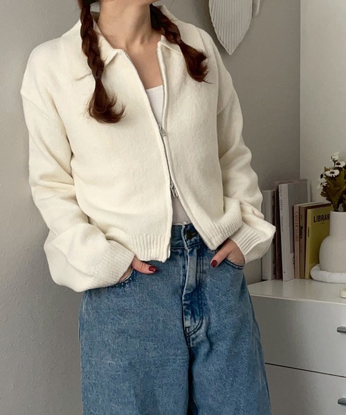 merrylatte(メリーラテ)の「Wジップ ポロニット カーディガン【NOUA】(カーディガン/ボレロ・レディース・ネイビー/グレー/ブルー/アイボリー・FREE)」の5枚目の写真