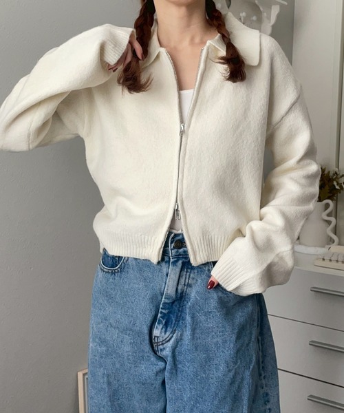 merrylatte(メリーラテ)の「Wジップ ポロニット カーディガン【NOUA】(カーディガン/ボレロ・レディース・ネイビー/グレー/ブルー/アイボリー・FREE)」の7枚目の写真
