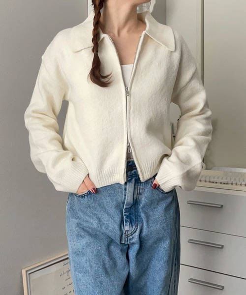 merrylatte(メリーラテ)の「Wジップ ポロニット カーディガン【NOUA】(カーディガン/ボレロ・レディース・ネイビー/グレー/ブルー/アイボリー・FREE)」の8枚目の写真