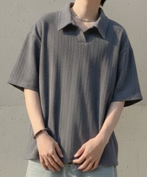 link lot(リンクロット)の「縦落ちジャガード ドロップショルダー Vネックポロ(ポロシャツ・メンズ・グレー/ブラック/アイボリー・M)」の9枚目の写真
