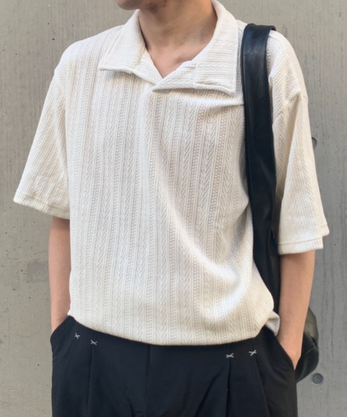link lot(リンクロット)の「縦落ちジャガード ドロップショルダー Vネックポロ(ポロシャツ・メンズ・グレー/ブラック/アイボリー・M)」の10枚目の写真