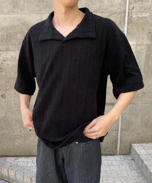 link lot(リンクロット)の「縦落ちジャガード ドロップショルダー Vネックポロ(ポロシャツ・メンズ・グレー/ブラック/アイボリー・M)」の18枚目の写真