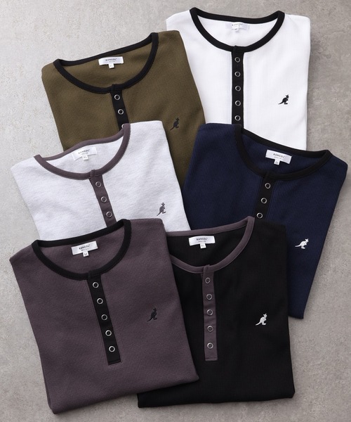 KANGOL（カンゴール）の「【KANGOL/カンゴール】別注 ワッフル ロゴ刺繍 配色 ヘンリーネック  Tシャツ（Tシャツ/カットソー・メンズ・カーキ/ブラック/チャコールグレー/オフホワイト/アッシュグレー/ネイビー・M/L/XL）」の13枚目の写真