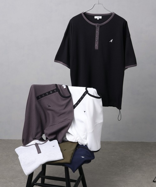 KANGOL（カンゴール）の「【KANGOL/カンゴール】別注 ワッフル ロゴ刺繍 配色 ヘンリーネック  Tシャツ（Tシャツ/カットソー・メンズ・カーキ/ブラック/チャコールグレー/オフホワイト/アッシュグレー/ネイビー・M/L/XL）」の14枚目の写真