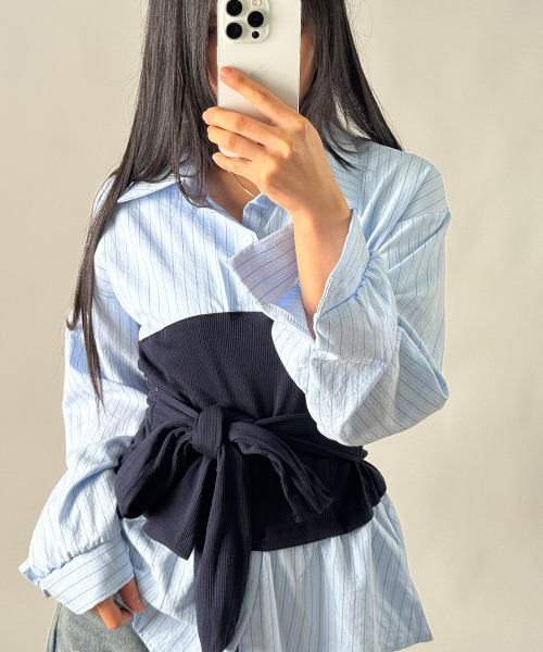 VIVID LADY(ビビッドレディー)の「レイヤード風 ストライプ ペプラムシャツ(シャツ/ブラウス・レディース・ライトブルー/ブラック/アイボリー・FREE)」の14枚目の写真