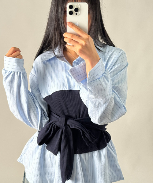 VIVID LADY(ビビッドレディー)の「レイヤード風 ストライプ ペプラムシャツ(シャツ/ブラウス・レディース・ライトブルー/ブラック/アイボリー・FREE)」の15枚目の写真