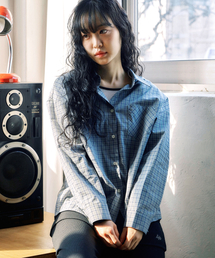 ke204-Overfit Check Shirt Blue Green