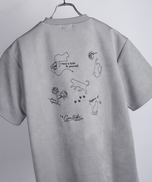 WESTSEA（ウエストシー）の「猫 × 薔薇モチーフ刺繍 フェイクスエード 半袖Tシャツ オーバーサイズ（Tシャツ/カットソー・メンズ・オフホワイト/グレー/ブラック・L/M）」の3枚目の写真