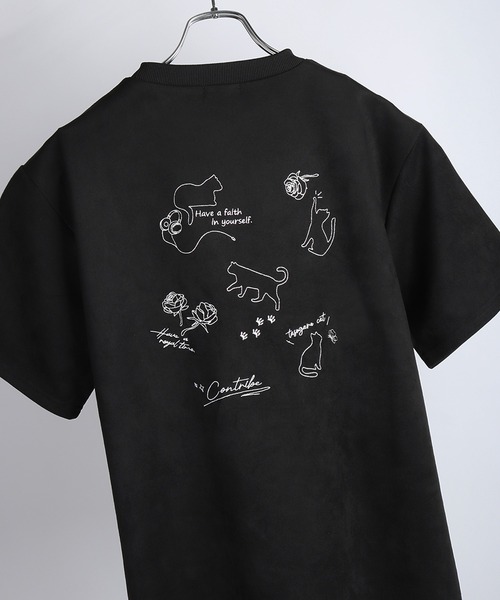 WESTSEA（ウエストシー）の「猫 × 薔薇モチーフ刺繍 フェイクスエード 半袖Tシャツ オーバーサイズ（Tシャツ/カットソー・メンズ・オフホワイト/グレー/ブラック・L/M）」の2枚目の写真