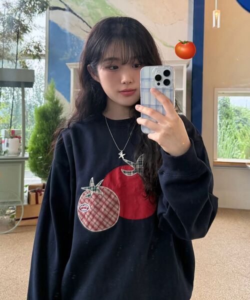 ambler（エムブラー）の「トマト アプリケ刺繍 スウェット Tシャツ AMM1319 (ネイビー)（スウェット・レディース・その他・SMALL/MEDIUM/LARGE）」の5枚目の写真
