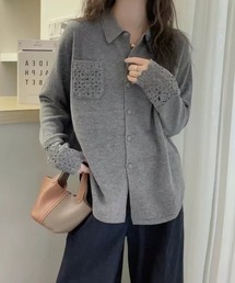 パンチングレースシングルブレストニットトップス