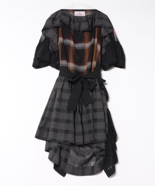 セール】ﾃｸｽﾁｬｰﾁｪｯｸﾌﾞﾛｯｷﾝｸﾞｷﾞｬｻﾞｰﾌﾘﾙﾄﾞﾚｽ（ワンピース）｜Vivienne