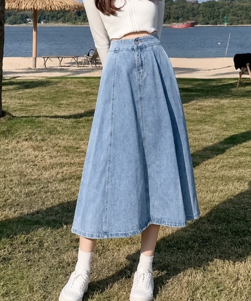 mielu（ミエル）の「ハイウエストAラインデニムスカート（スカート・レディース・ブルー/ライトブルー・LARGE/MEDIUM）」の10枚目の写真