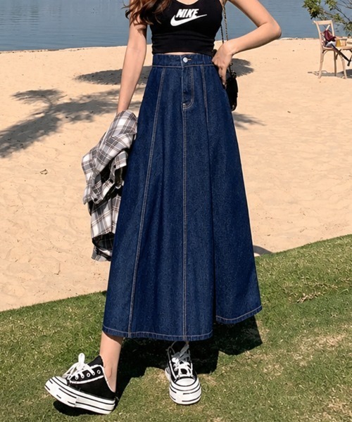mielu（ミエル）の「ハイウエストAラインデニムスカート（スカート・レディース・ブルー/ライトブルー・LARGE/MEDIUM）」の11枚目の写真
