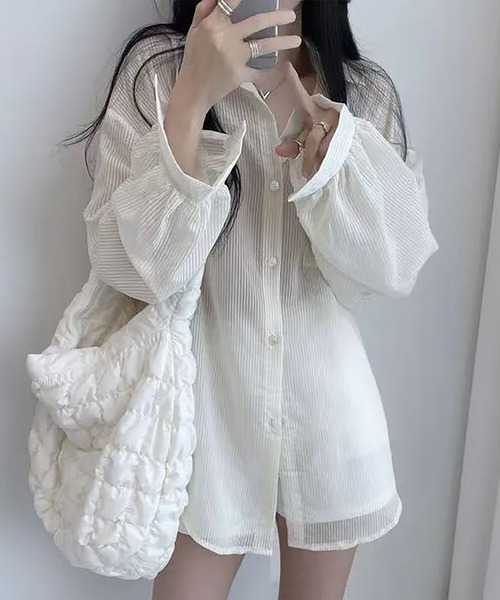 LAFFMO(ラフモ)の「ストライプボリューム袖シアーシャツ(シャツ/ブラウス・レディース・ブルー/イエロー/オレンジ/ピンク/ホワイト・F)」の1枚目の写真