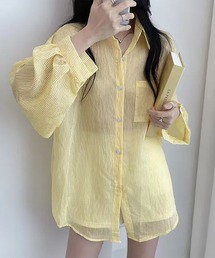 ストライプボリューム袖シアーシャツ