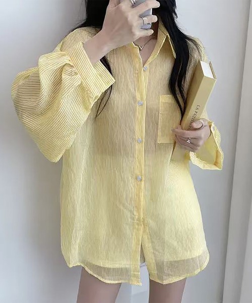 LAFFMO(ラフモ)の「ストライプボリューム袖シアーシャツ(シャツ/ブラウス・レディース・ブルー/イエロー/オレンジ/ピンク/ホワイト・F)」の3枚目の写真