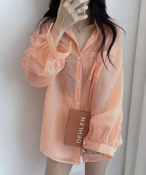 LAFFMO(ラフモ)の「ストライプボリューム袖シアーシャツ(シャツ/ブラウス・レディース・ブルー/イエロー/オレンジ/ピンク/ホワイト・F)」の5枚目の写真