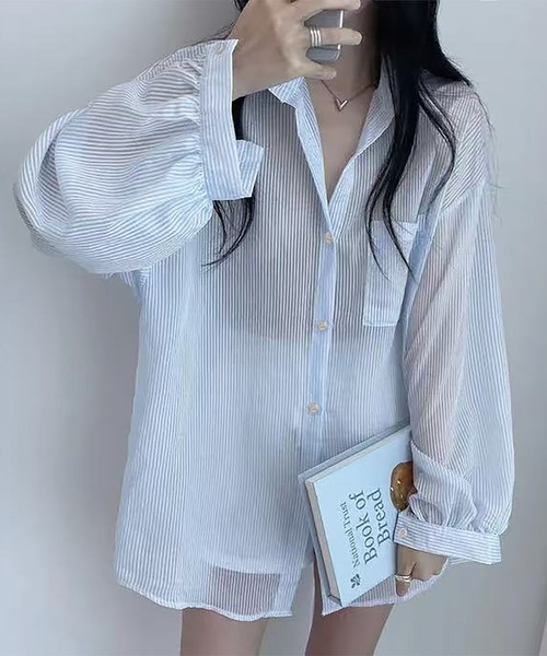LAFFMO(ラフモ)の「ストライプボリューム袖シアーシャツ(シャツ/ブラウス・レディース・ブルー/イエロー/オレンジ/ピンク/ホワイト・F)」の2枚目の写真