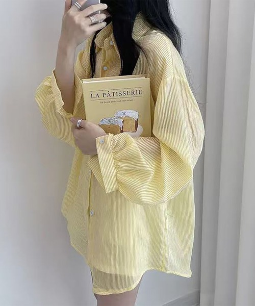 LAFFMO(ラフモ)の「ストライプボリューム袖シアーシャツ(シャツ/ブラウス・レディース・ブルー/イエロー/オレンジ/ピンク/ホワイト・F)」の7枚目の写真