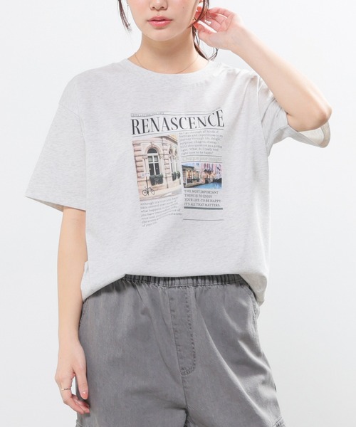 Honeys（ハニーズ）の「【ハニさら・接触冷感・ＵＶカット】フォトプリントＴシャツ（Tシャツ/カットソー・レディース・ホワイト/オートミール/スミクロ/ベージュ・L/LL/M/S）」の4枚目の写真