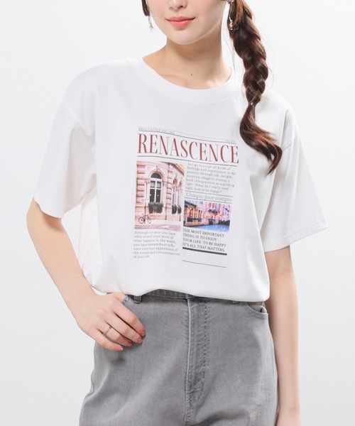 Honeys（ハニーズ）の「【ハニさら・接触冷感・ＵＶカット】フォトプリントＴシャツ（Tシャツ/カットソー・レディース・ホワイト/オートミール/スミクロ/ベージュ・L/LL/M/S）」の7枚目の写真