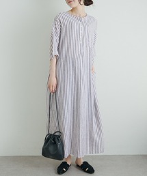 PUAL CE CIN | 麻レーヨンストライプヘンリーネックワンピース(ワンピース)