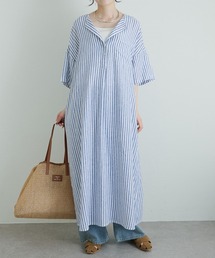PUAL CE CIN（ピュアルセシン）の「麻レーヨンストライプヘンリーネックワンピース（ワンピース）」