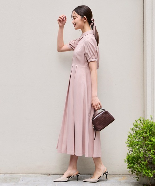 RUIRUE BOUTIQUE（ルイルエブティック）の「洗える ｜ プリーツスカート ワンピース ｜ 襟付きワンピース・夏ワンピース・ロングワンピース・リゾートワンピース・デザインワンピース（ワンピース・レディース・ピンクベージュ/グレイッシュベージュ/ネイビー・S/M/L）」の6枚目の写真
