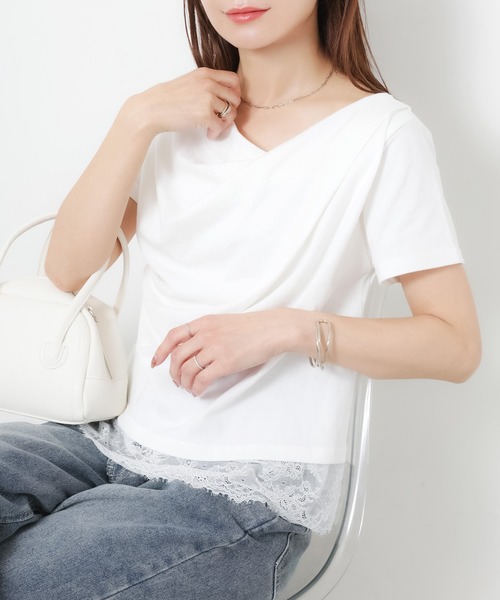 Riberry(リベリー)の「フロントドレープ裾レーストップス(Tシャツ/カットソー・レディース・ブラック/オフホワイト・FREE)」の2枚目の写真