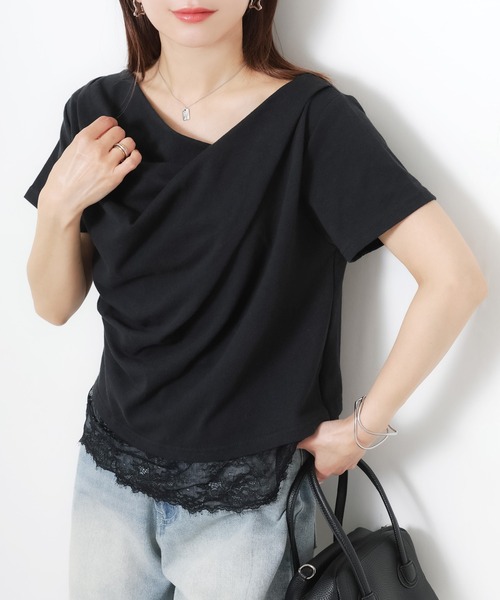 Riberry(リベリー)の「フロントドレープ裾レーストップス(Tシャツ/カットソー・レディース・ブラック/オフホワイト・FREE)」の7枚目の写真