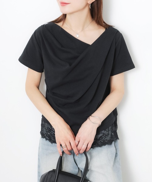 Riberry(リベリー)の「フロントドレープ裾レーストップス(Tシャツ/カットソー・レディース・ブラック/オフホワイト・FREE)」の6枚目の写真