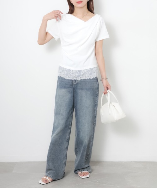 Riberry(リベリー)の「フロントドレープ裾レーストップス(Tシャツ/カットソー・レディース・ブラック/オフホワイト・FREE)」の9枚目の写真