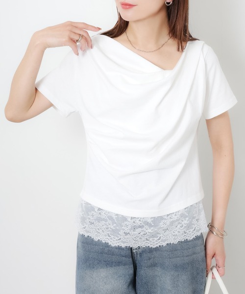 Riberry(リベリー)の「フロントドレープ裾レーストップス(Tシャツ/カットソー・レディース・ブラック/オフホワイト・FREE)」の15枚目の写真
