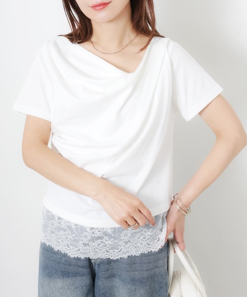 Riberry(リベリー)の「フロントドレープ裾レーストップス(Tシャツ/カットソー・レディース・ブラック/オフホワイト・FREE)」の16枚目の写真