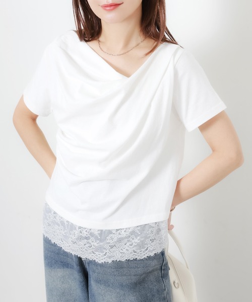 Riberry(リベリー)の「フロントドレープ裾レーストップス(Tシャツ/カットソー・レディース・ブラック/オフホワイト・FREE)」の4枚目の写真