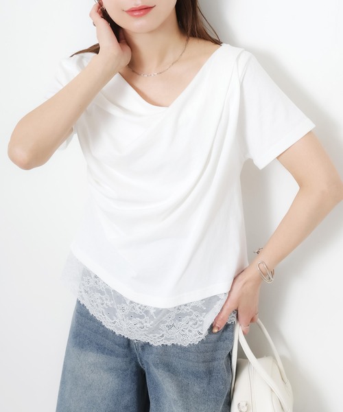 Riberry(リベリー)の「フロントドレープ裾レーストップス(Tシャツ/カットソー・レディース・ブラック/オフホワイト・FREE)」の11枚目の写真