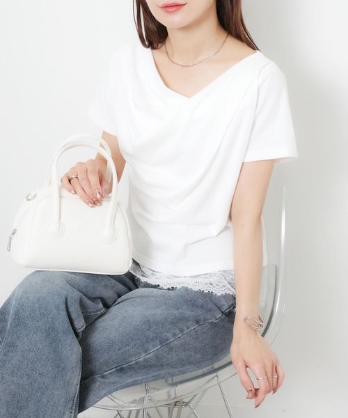 Riberry(リベリー)の「フロントドレープ裾レーストップス(Tシャツ/カットソー・レディース・ブラック/オフホワイト・FREE)」の12枚目の写真
