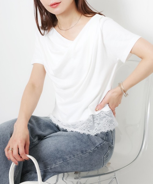 Riberry(リベリー)の「フロントドレープ裾レーストップス(Tシャツ/カットソー・レディース・ブラック/オフホワイト・FREE)」の3枚目の写真