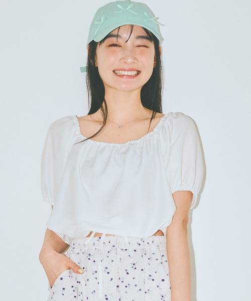 COLORME(カラーミー)の「【AKB48 伊藤百花 着用】ウエストギャザー クロップド トップス(シャツ/ブラウス・レディース・ホワイト/ブラック・FREE)」の4枚目の写真