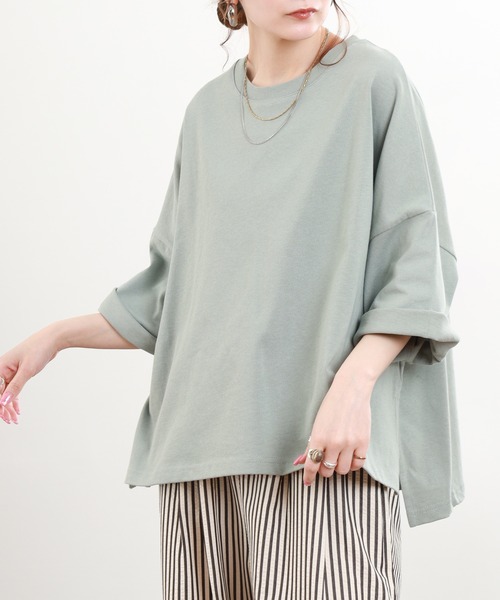 FUNALIVE(ファンアライブ)の「ヘビーウェイト天竺ネックリブワイドTシャツ 半端袖(Tシャツ/カットソー・レディース・ライトグリーン/スミクロ/アイボリー・M-L)」の15枚目の写真