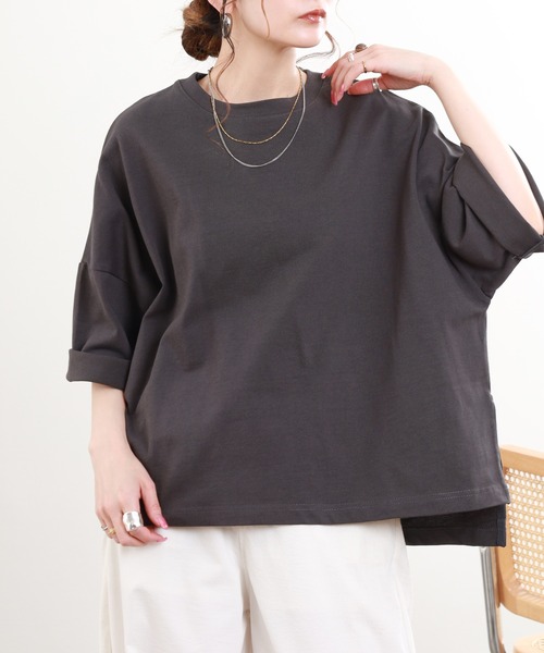 FUNALIVE(ファンアライブ)の「ヘビーウェイト天竺ネックリブワイドTシャツ 半端袖(Tシャツ/カットソー・レディース・ライトグリーン/スミクロ/アイボリー・M-L)」の12枚目の写真