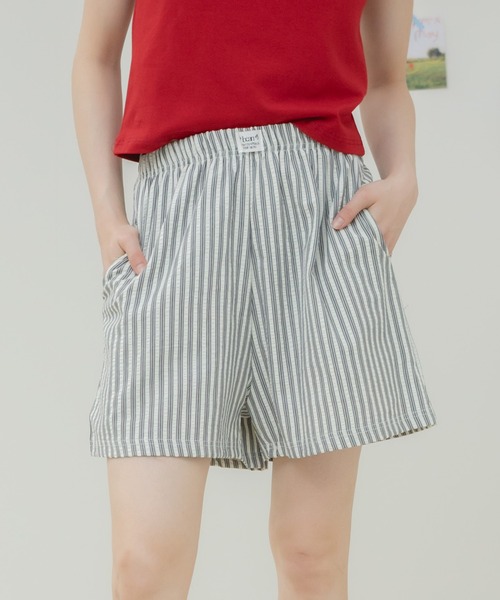 HEILIS(ヘイリス)の「ストライプ柄パジャマショートパンツ / パジャマパンツ ショートパンツ ストライプパンツ サッカーストライプ イージーパンツ ウエストゴム ルームウェア リラックスパンツ ワンマイルウェア レイヤード 春服 夏服 韓国ファッション ピンク ブルー アイボリー(その他パンツ・レディース・アイボリー/ブルー/ピンク・FREE)」の8枚目の写真
