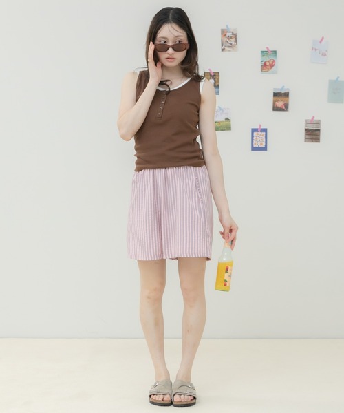 HEILIS(ヘイリス)の「ストライプ柄パジャマショートパンツ / パジャマパンツ ショートパンツ ストライプパンツ サッカーストライプ イージーパンツ ウエストゴム ルームウェア リラックスパンツ ワンマイルウェア レイヤード 春服 夏服 韓国ファッション ピンク ブルー アイボリー(その他パンツ・レディース・アイボリー/ブルー/ピンク・FREE)」の12枚目の写真