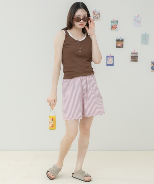 HEILIS(ヘイリス)の「ストライプ柄パジャマショートパンツ / パジャマパンツ ショートパンツ ストライプパンツ サッカーストライプ イージーパンツ ウエストゴム ルームウェア リラックスパンツ ワンマイルウェア レイヤード 春服 夏服 韓国ファッション ピンク ブルー アイボリー(その他パンツ・レディース・アイボリー/ブルー/ピンク・FREE)」の13枚目の写真
