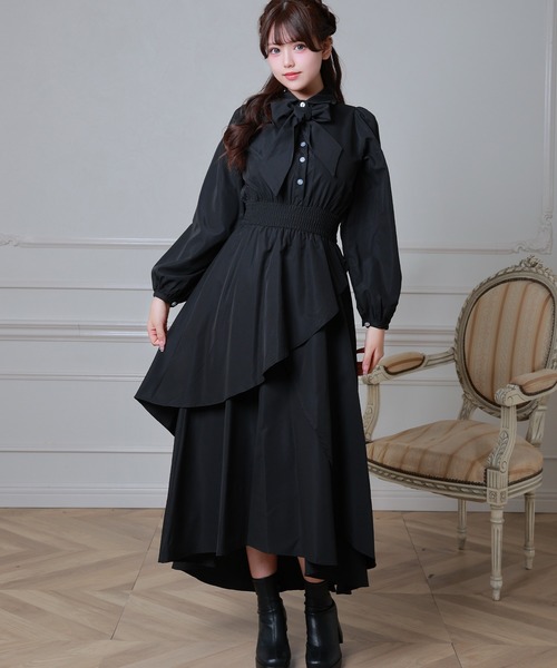 セール】ボウタイ リボン アシメ ロング ワンピース（ワンピース