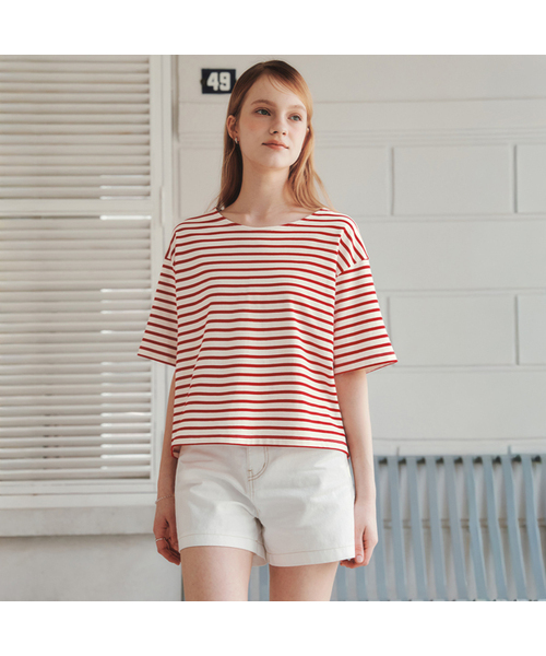 ZEROSTREET（ゼロストリート）の「[2カラー] マリンストライプ半袖Tシャツ（Tシャツ/カットソー・レディース・ネイビー/レッド・SMALL/MEDIUM）」の2枚目の写真