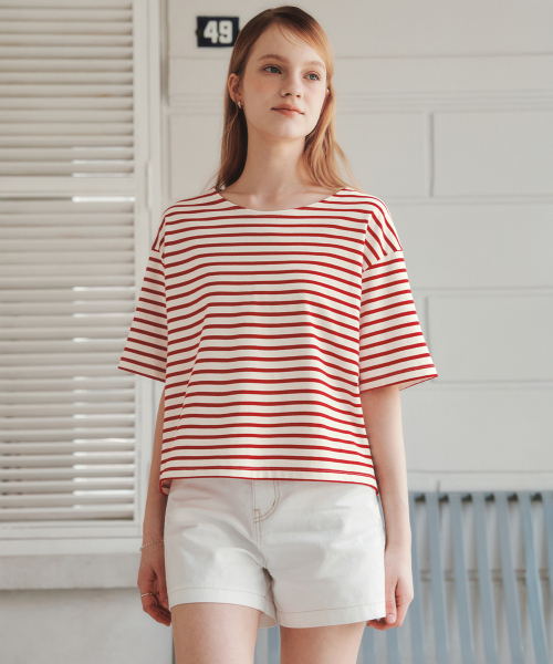ZEROSTREET（ゼロストリート）の「[2カラー] マリンストライプ半袖Tシャツ（Tシャツ/カットソー・レディース・ネイビー/レッド・SMALL/MEDIUM）」の5枚目の写真