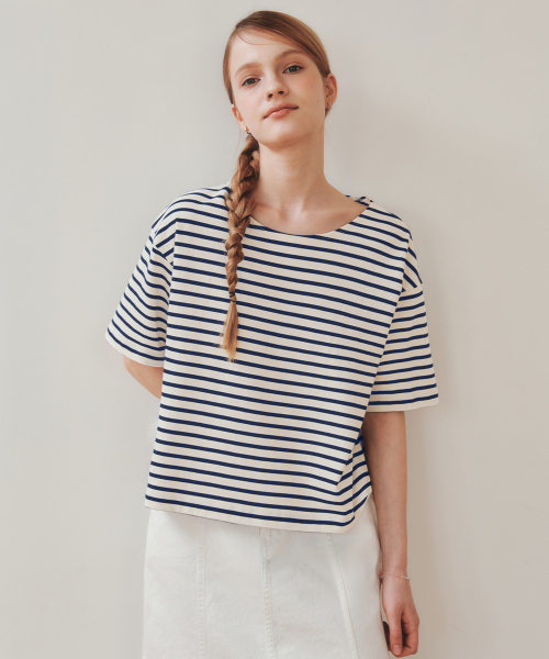 ZEROSTREET（ゼロストリート）の「[2カラー] マリンストライプ半袖Tシャツ（Tシャツ/カットソー・レディース・ネイビー/レッド・SMALL/MEDIUM）」の4枚目の写真